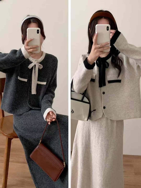 Premium Ribbon Collar Soft Sweater With Skirts Sets